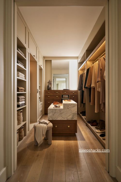 Build a proper walk in wardrobe with elegant storage and marble island 