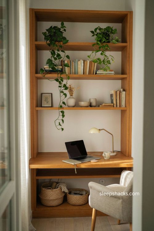 Built in desk with full shelving unit for a stylish small home office