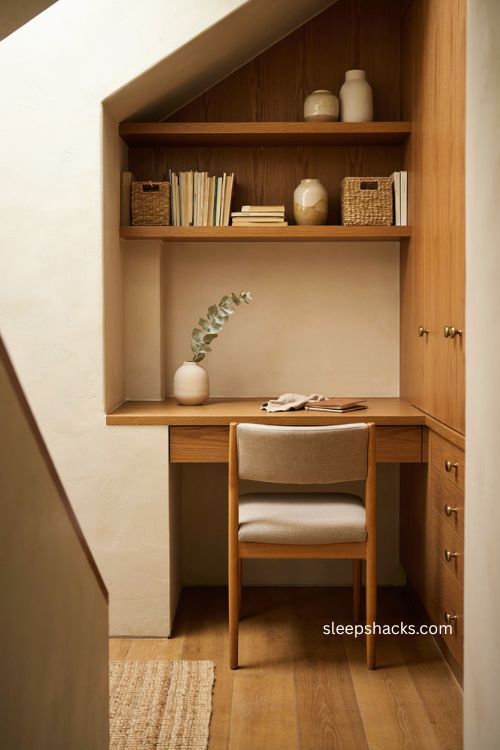 Built in home office desk with warm oak cabinetry and seamless shelving
