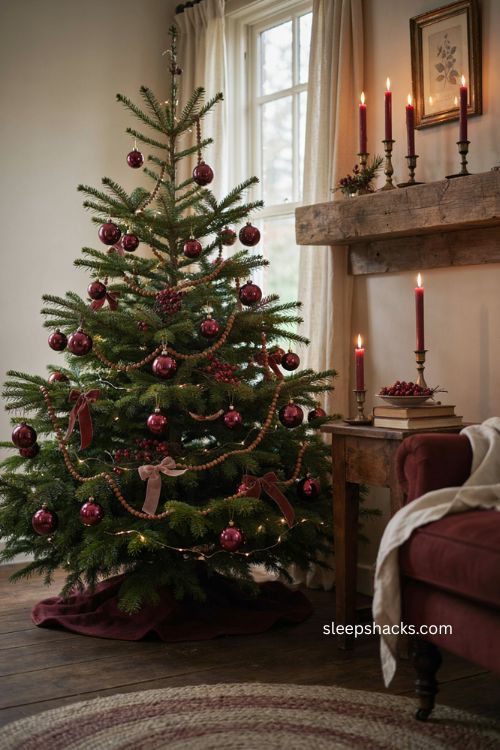 Burgundy Christmas tree with cranberry garland ribbon bows and candles 