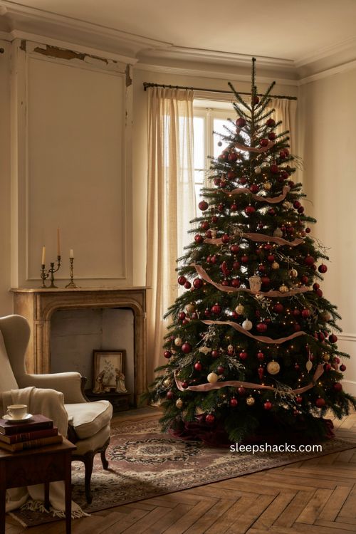 Burgundy Christmas tree with gold cream and vintage European decor 