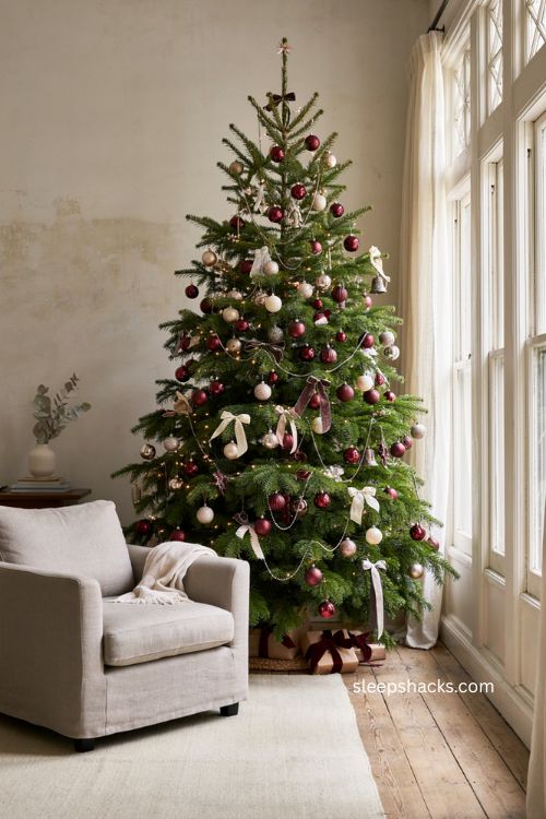 Burgundy and silver Christmas tree with ribbon bows and natural light 