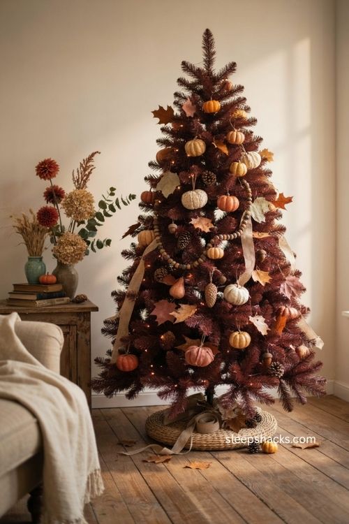 Burgundy fall Christmas tree with pumpkins florals and handmade autumn ornaments 