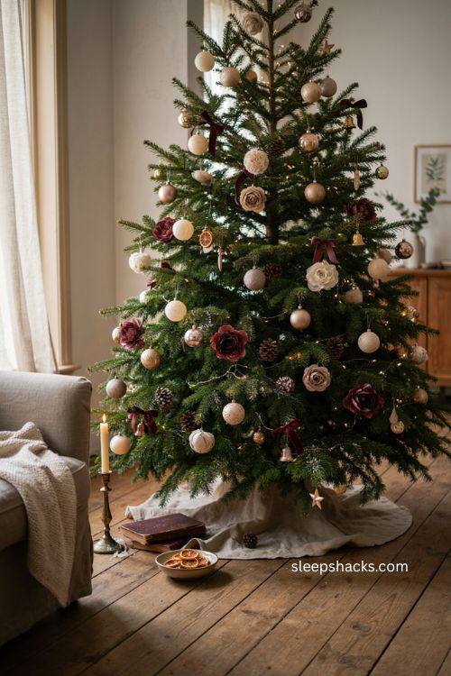 Burgundy floral Christmas ornaments on a neutral beige decorated tree 