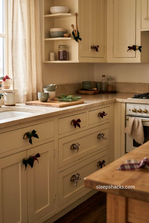 Burgundy ribbon bows tied around Christmas kitchen cabinet handles 
