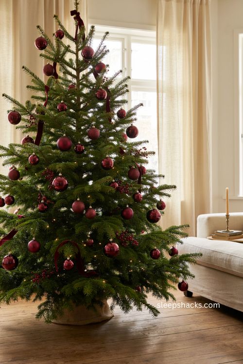 Burgundy satin bows and glowing candlelight Christmas tree at night 