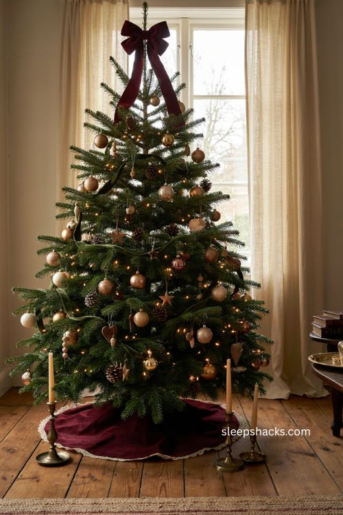 Burgundy velvet bow Christmas tree topper with antique gold ornaments and green ribbon 