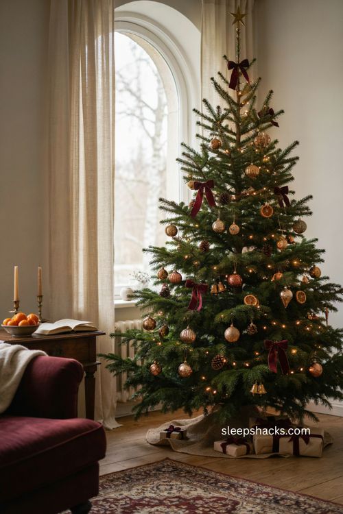 Burgundy velvet bows Christmas tree with antique gold ornaments