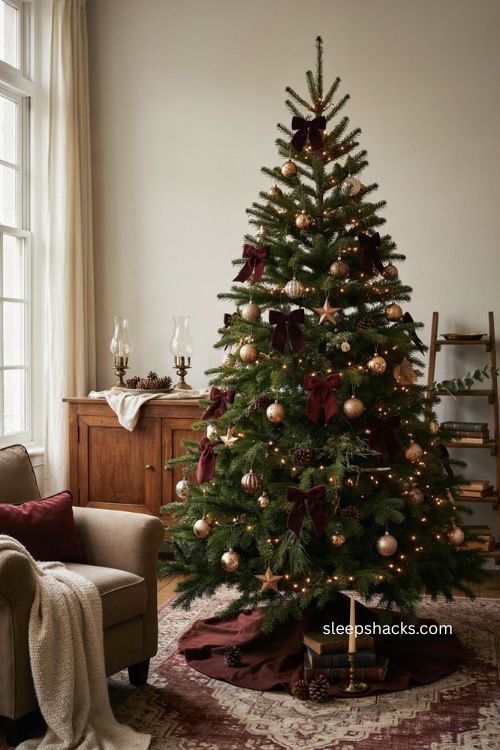 Burgundy velvet bows on a traditional Christmas tree with brass ornaments 