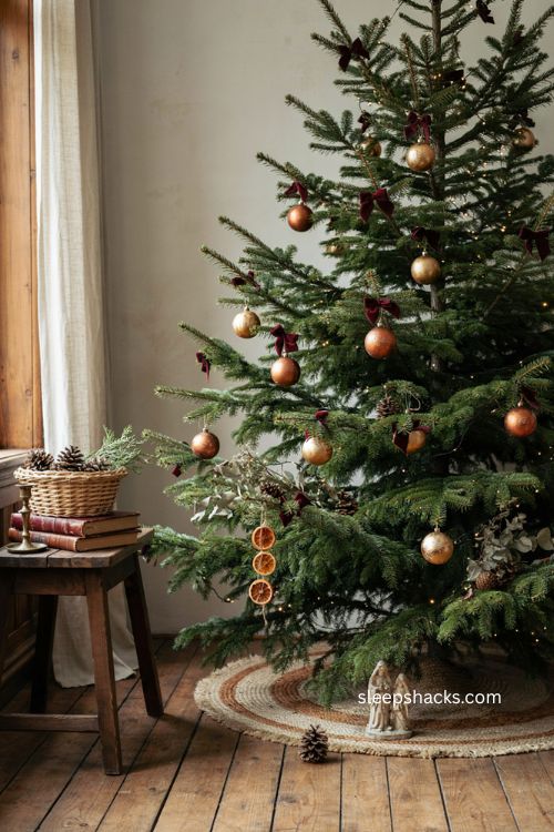 Burgundy velvet bows on vintage Christmas tree with antique gold ornaments 