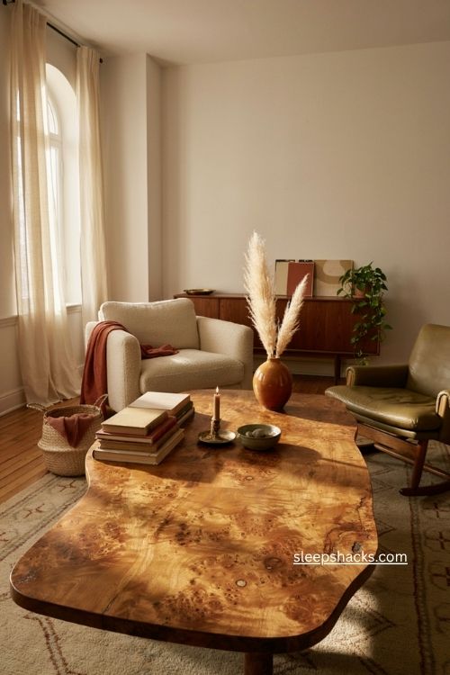 Burl wood coffee table with organic grain in a warm vintage living room 