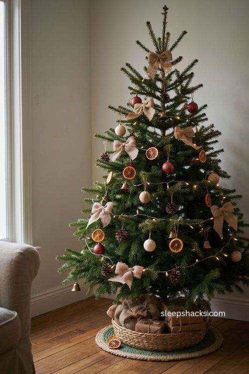 Burlap Christmas bows on a rustic farmhouse tree with pinecones and dried oranges 