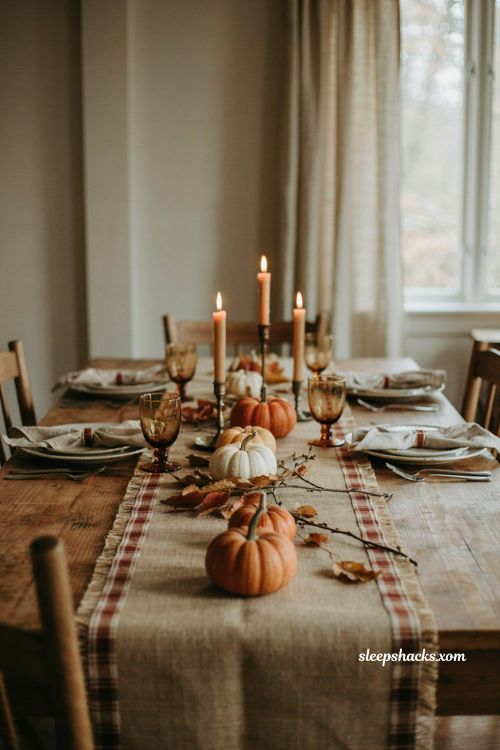 Burlap Thanksgiving table runner with rust plaid ribbon border