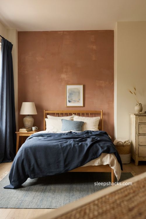 Burnt orange accent wall behind bed with navy blue bedroom decor 