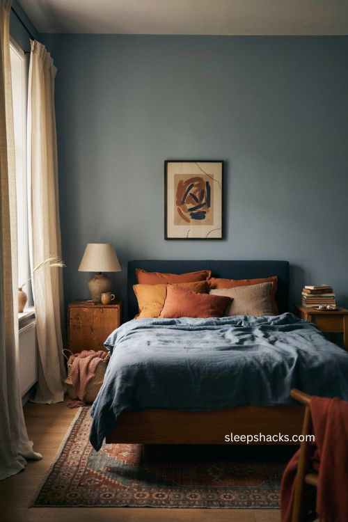 Burnt orange and blue bedroom with cozy layered decor 