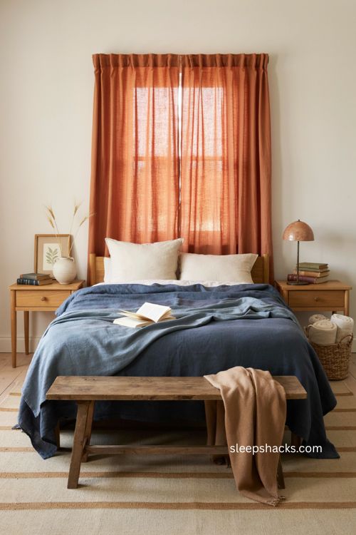 Burnt orange curtains with calm blue bedding in a cozy bedroom 