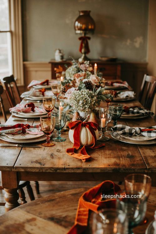 Burnt orange velvet ribbon accents for cozy vintage thanksgiving table 