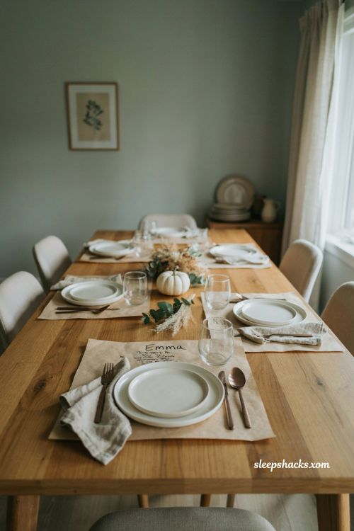 Butcher paper Thanksgiving placemats with ceramic plates linen napkins and simple table decor
