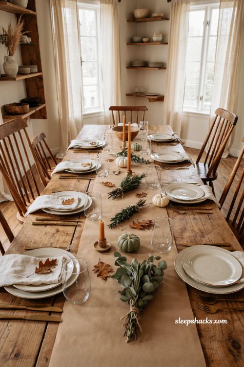 Butcher paper Thanksgiving table runner with fresh rosemary sage eucalyptus herb bundles farmhouse decor 