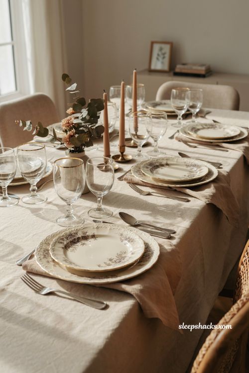 Butcher paper Thanksgiving table with kraft paper placemats natural wood candles ceramic plates and simple fall decor
