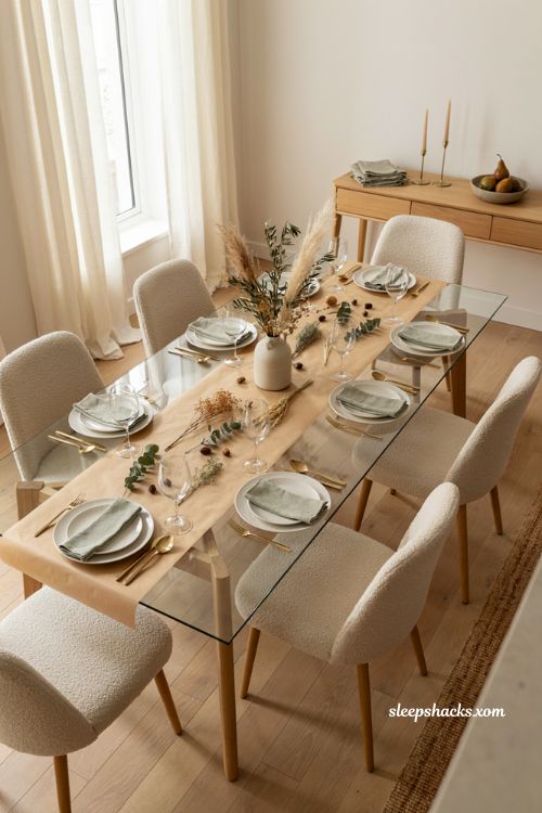 Butcher paper beneath glass Thanksgiving table with pressed leaves dried flowers and neutral table decor 