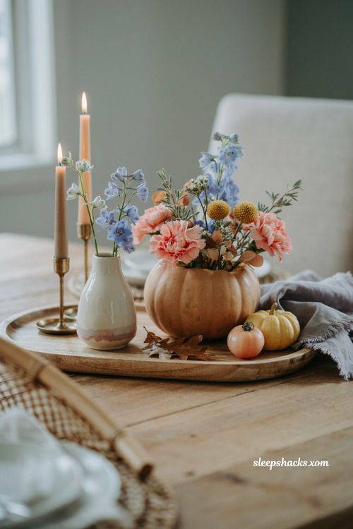 Butternut squash planter with colorful flowers for unique Thanksgiving home decor 