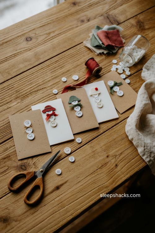 Button snowman Christmas cards with ribbon scarves and simple handmade holiday craft ideas 