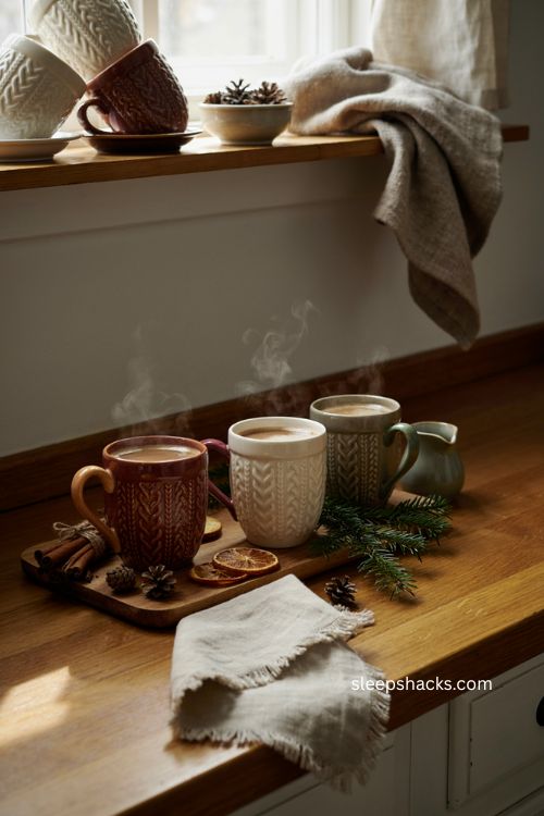 Cable knit Christmas mugs with textured sweater design and cozy winter holiday styling 