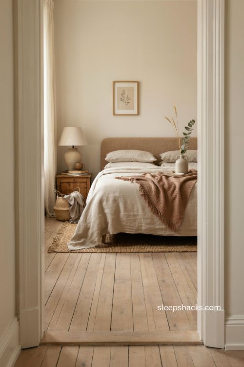 Calming neutral guest room with warm beige walls linen bedding and cozy earthy textures 