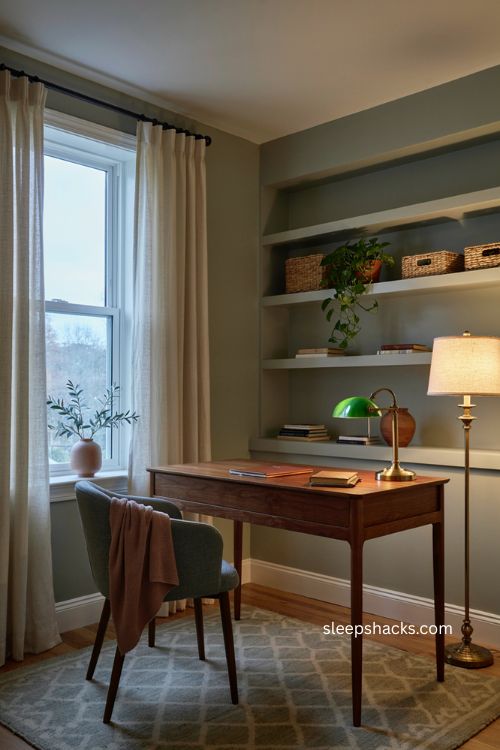 Calming sage green and warm off white wall colors for home office 