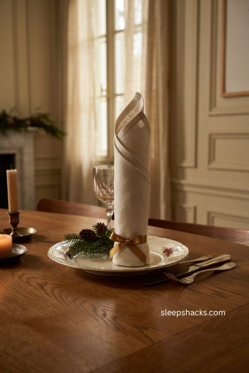 Candle napkin folding idea with gold ribbon for Christmas dinner table 