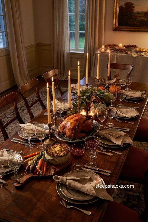 Candlelit Thanksgiving table with taper candles warm turkey spread and cozy dining room 