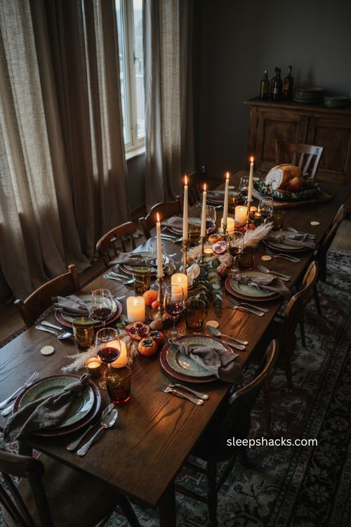 Candlelit Thanksgiving tablescape with mixed height candles vintage brass holders amber glass and moody fall decor 