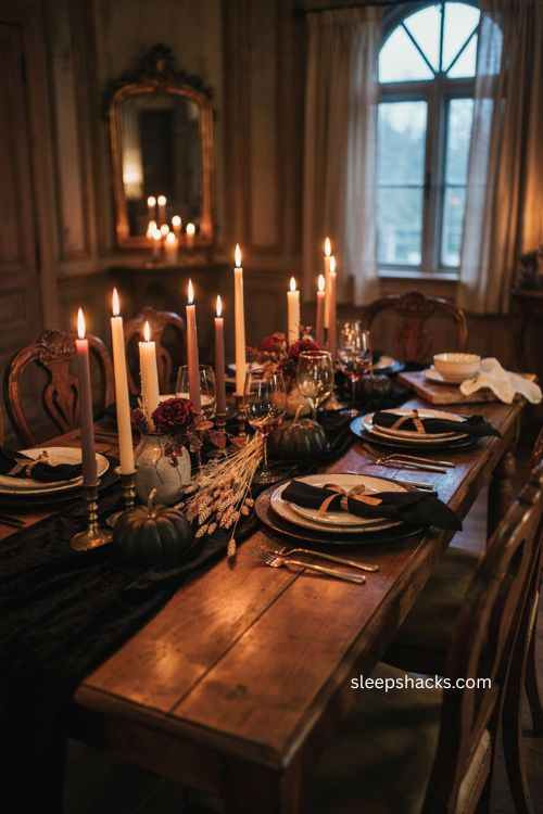 Candlelit black Thanksgiving table with warm gold accents cream plates and autumn decor 
