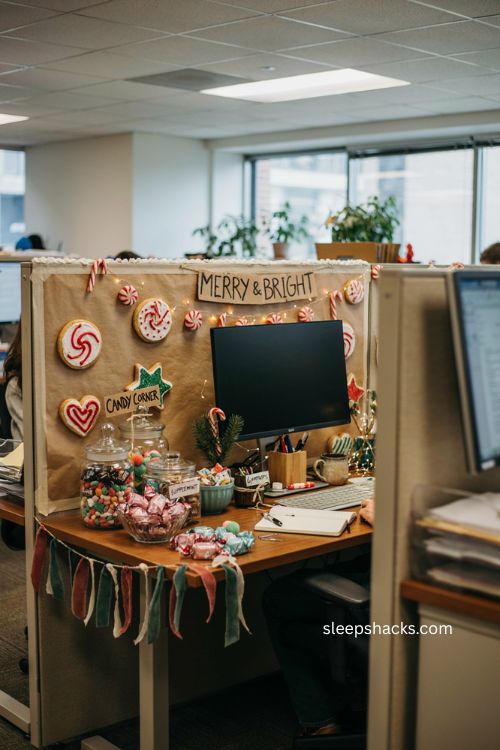 Candy Land cubicle Christmas office decorating ideas with gingerbread and candy decor 