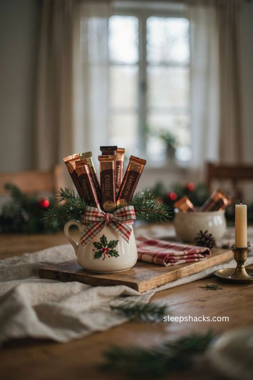 Candy bouquet Christmas mug gift with upright chocolate bars pine sprigs and plaid bow 