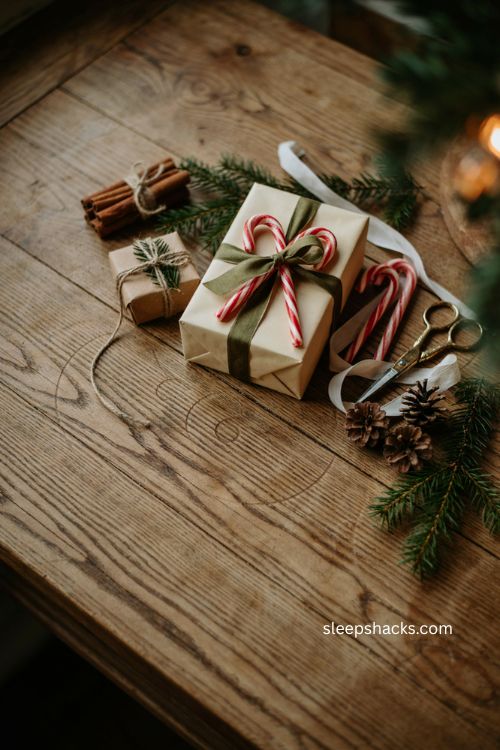 Candy cane Christmas gift wrapping with ribbon and festive red and white details 