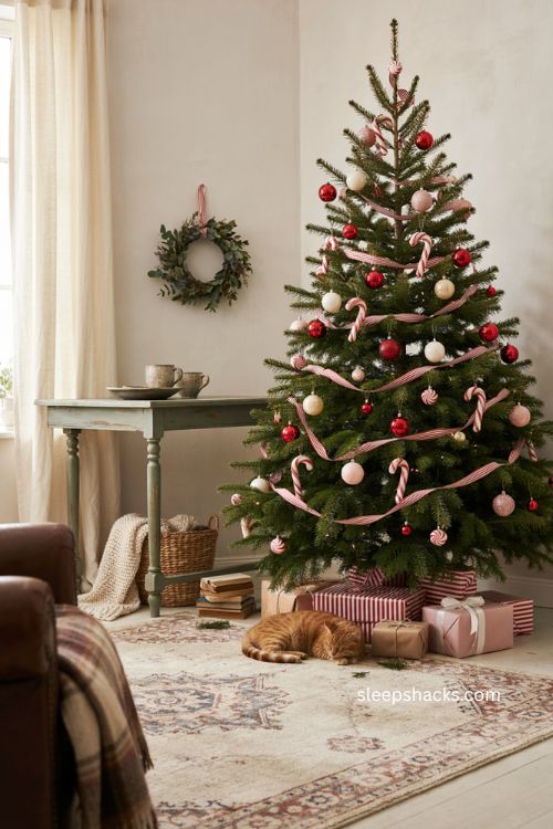Candy cane Christmas tree with red white pink striped ornaments and green branches