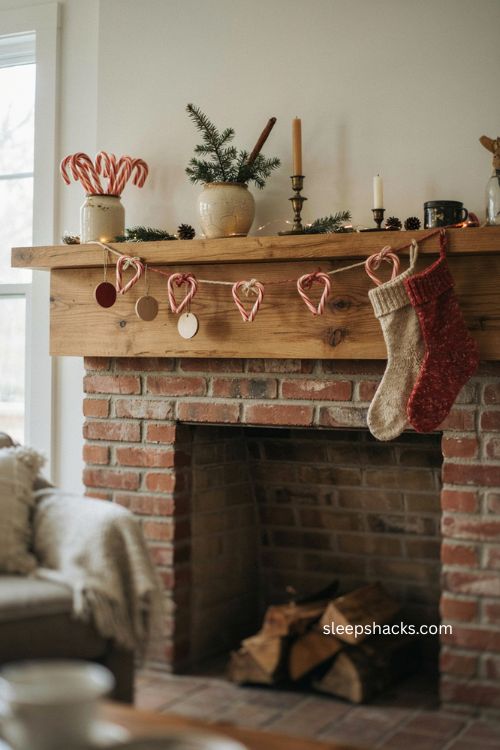 Candy cane garland Christmas decor with handmade red and white details