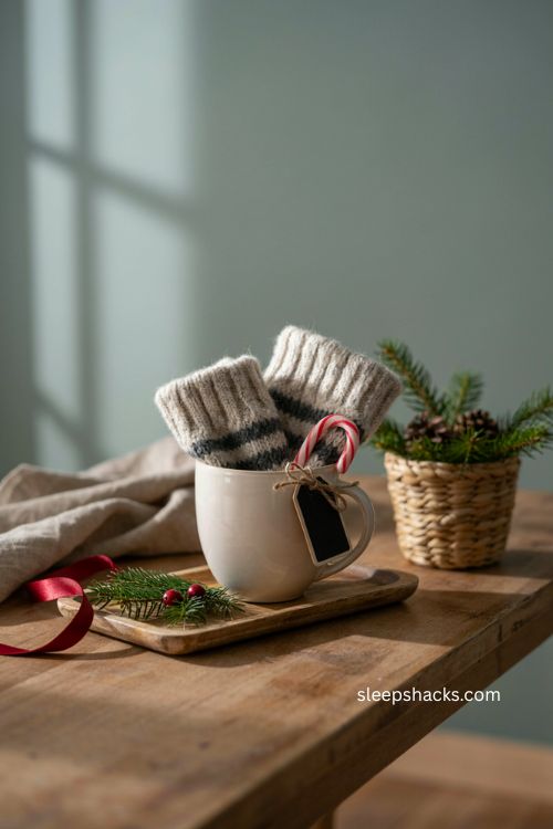 Candy cane sock surprise Christmas mug gift with fuzzy socks and rustic tag 