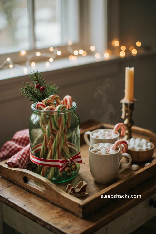 Candy cane storage jar with green paint red striped ribbon and christmas treats