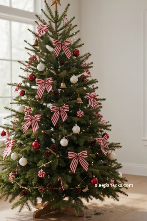 Candy cane stripe bows on a playful red and white Christmas tree 