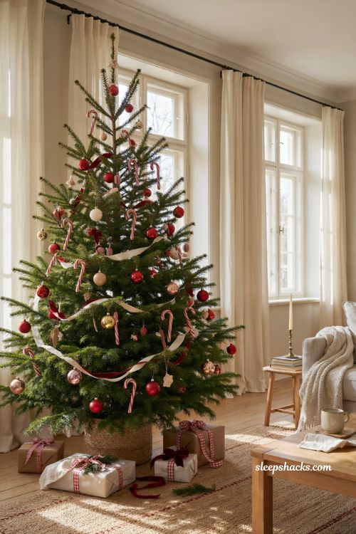 Candy cane tree decorations with red and white Christmas ornaments