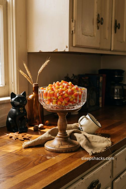 Candy corn in a vintage cut glass bowl on a cozy Halloween kitchen counter 