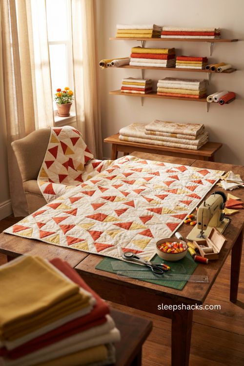 Candy corn quilt block with yellow orange white triangles and cheerful Halloween sewing room