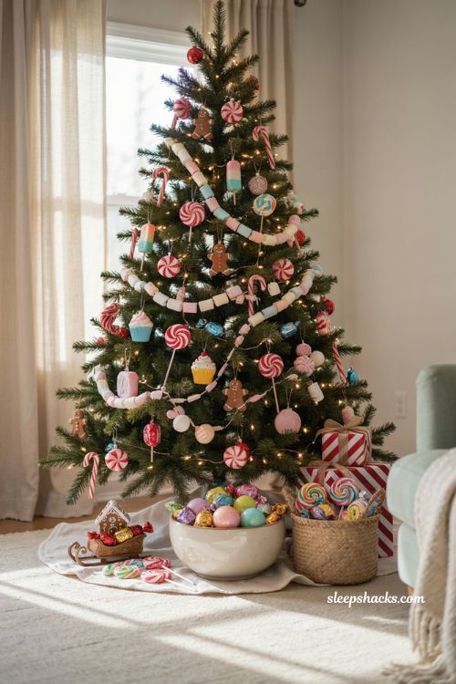 Candy corner vignette beneath a Candyland Christmas tree
