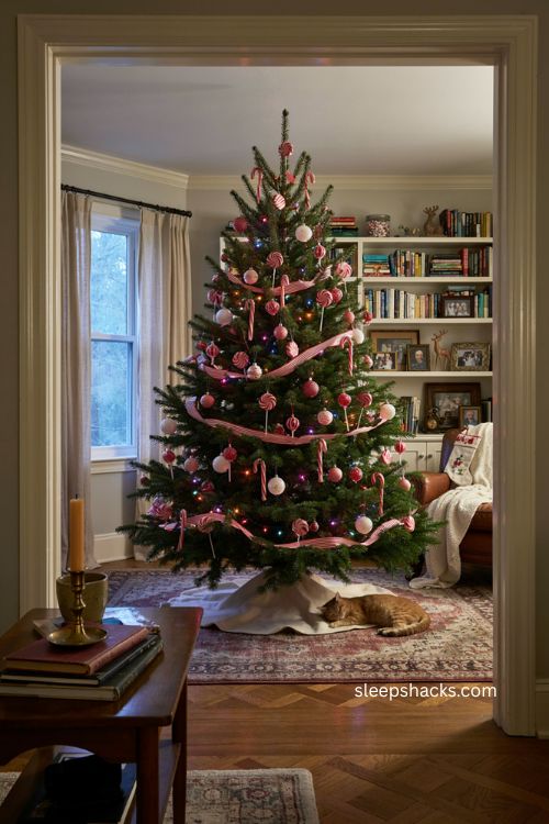 Candy themed multicolor Christmas tree with pink red and white decor