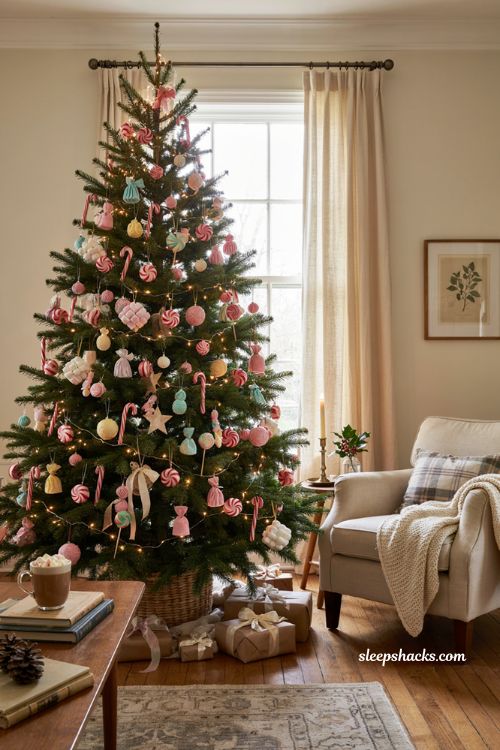 Candyland Christmas tree ideas with colorful handmade candy decorations