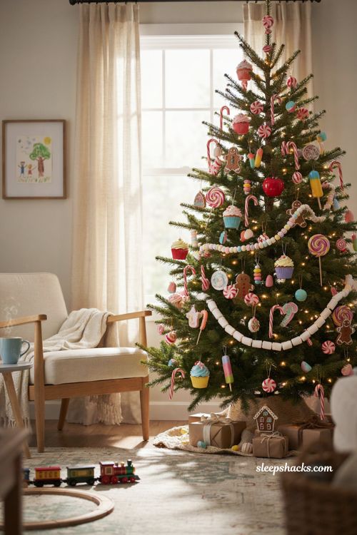 Candyland Christmas tree ideas with playful personalized sweets theme