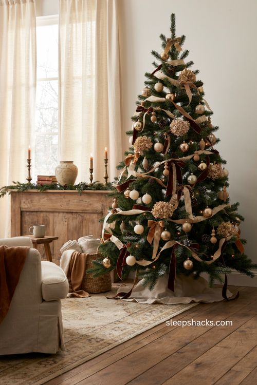 Caramel cream and brown Christmas decor with layered ribbons and warm gold accents